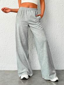 SHEIN EZwear 素色斜口袋闊腿衛褲 - 淺灰色 - 查看 1