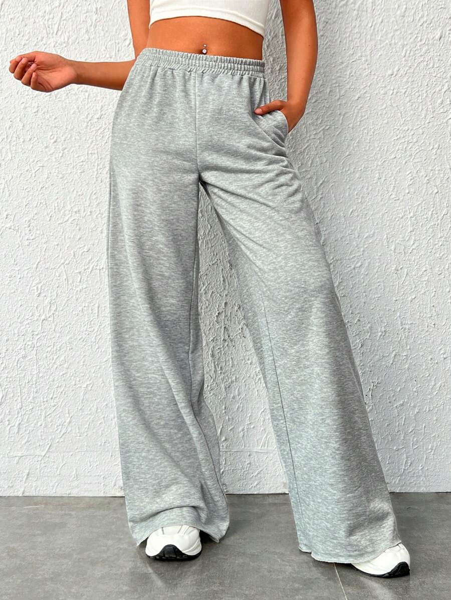 SHEIN EZwear 素色斜口袋闊腿衛褲 - 淺灰色 - 查看 1