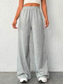 SHEIN EZwear 素色斜口袋闊腿衛褲 - 淺灰色 - 查看 7