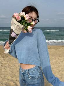 DAZY Solid Drop Shoulder Crop Sweater,Fall Clothes - Blue - View 3