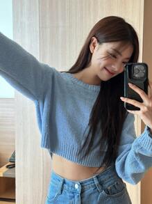DAZY Solid Drop Shoulder Crop Sweater,Fall Clothes - Blue - View 2
