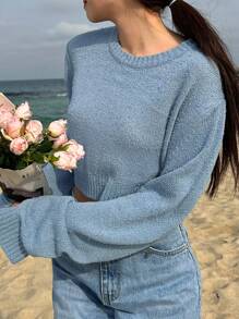 DAZY Solid Drop Shoulder Crop Sweater,Fall Clothes - Blue - View 1