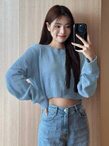 DAZY Solid Drop Shoulder Crop Sweater,Fall Clothes - Blue - View 4