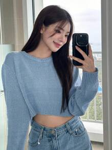 DAZY Solid Drop Shoulder Crop Sweater,Fall Clothes - Blue - View 5