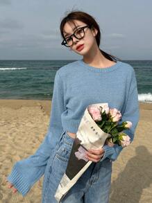 DAZY Solid Drop Shoulder Crop Sweater,Fall Clothes - Blue - View 6