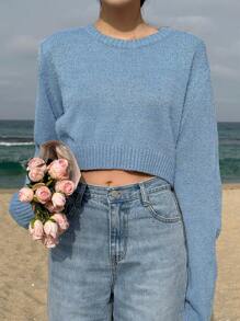 DAZY Solid Drop Shoulder Crop Sweater,Fall Clothes - Blue - View 7