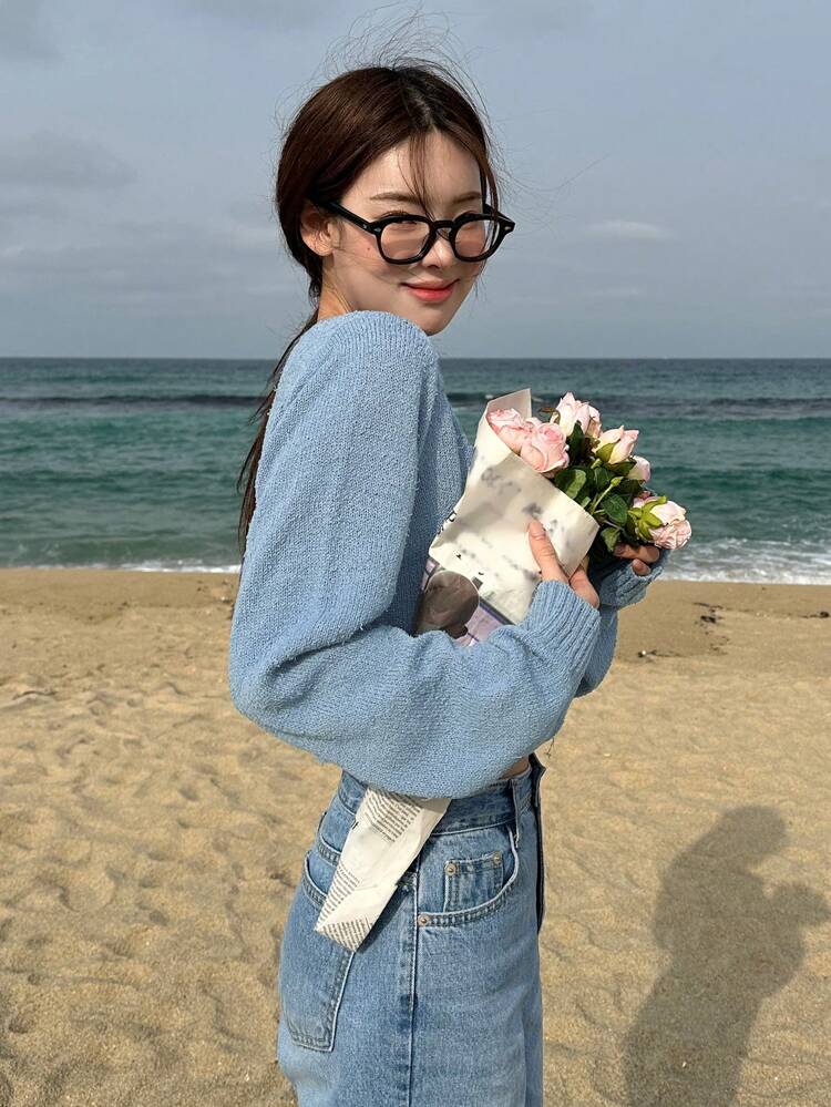 Suéter corto de hombros caídos, ropa de otoño