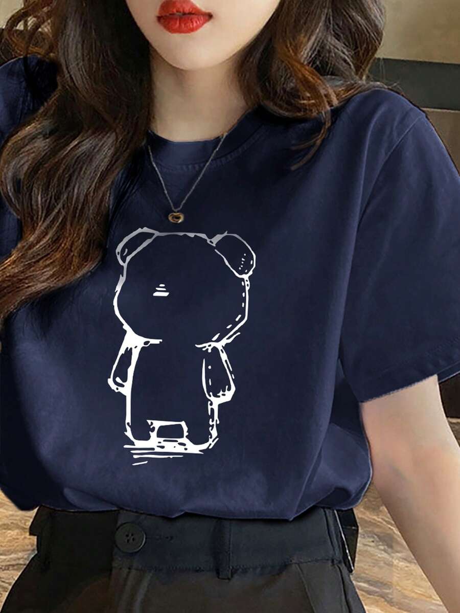 卡通熊圖案T恤 - 藏蓝色 - 查看 1
