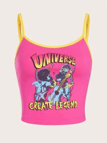 SHEIN Qutie 人物和字母圖案撞色滾邊吊帶上衣 - 玫紅色 - 查看 1