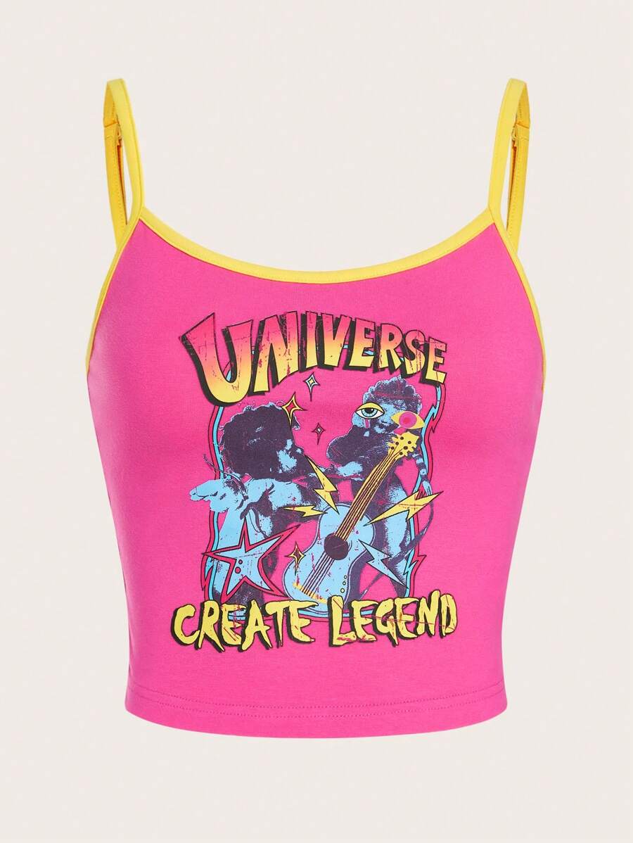 SHEIN Qutie 人物和字母圖案撞色滾邊吊帶上衣 - 玫紅色 - 查看 1