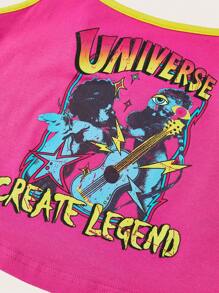 SHEIN Qutie 人物和字母圖案撞色滾邊吊帶上衣 - 玫紅色 - 查看 4