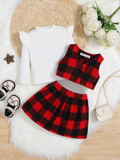 SHEIN Baby Girl Ruffle Trim Tee & Buffalo Plaid Print Vest Jacket & Skirt