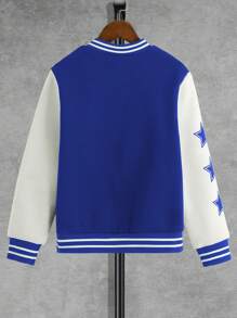 SHEIN Explorewe Tween Boy Letter Graphic Striped Trim Varsity Jacket Without Hoodie Chic Outfits For Autumn/Winter - Blue and White - View 2