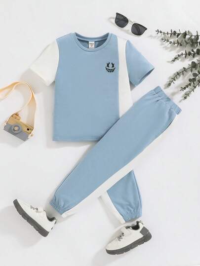 SHEIN 男小童寬鬆撞色短袖上衣帶側條紋裝飾細部和長款長褲休閒套裝