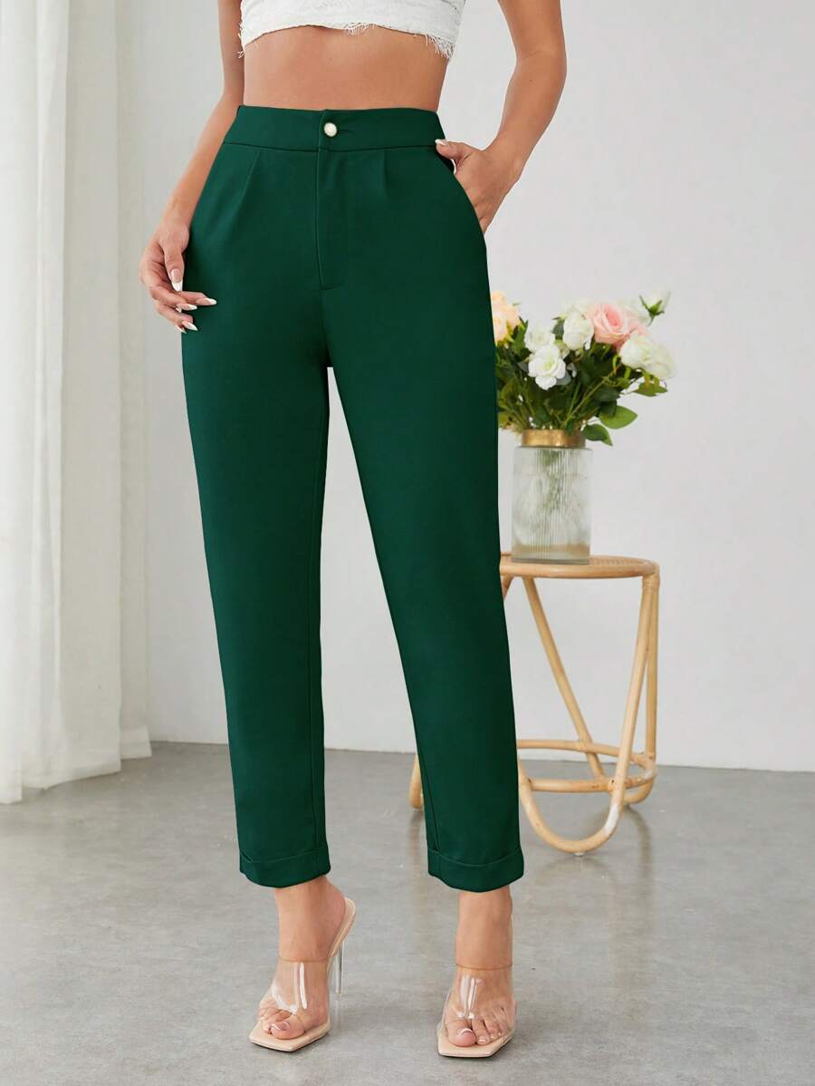 SHEIN PETITE Solid Slant Pocket Suit Trousers - Dark Green - View 1