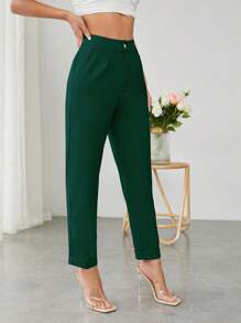 SHEIN PETITE Solid Slant Pocket Suit Trousers - Dark Green - View 4