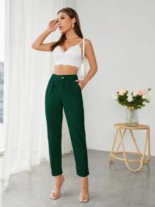 SHEIN PETITE Solid Slant Pocket Suit Trousers - Dark Green - View 5