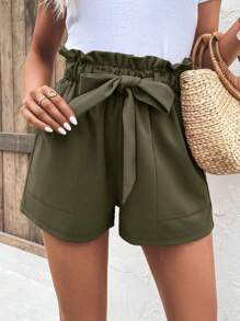 SHEIN LUNE Paperbag Waist Wide Leg Shorts - Army Green - View 1
