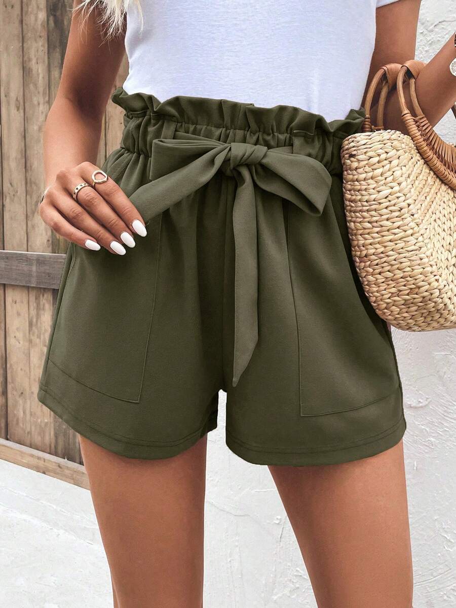 SHEIN LUNE Paperbag Waist Wide Leg Shorts - Army Green - View 1