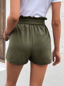 SHEIN LUNE Paperbag Waist Wide Leg Shorts - Army Green - View 2