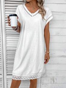 SHEIN LUNE Contrast Guipure Lace Batwing Sleeve Tunic Dress - White - View 3