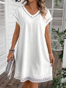 SHEIN LUNE Contrast Guipure Lace Batwing Sleeve Tunic Dress - White - View 4