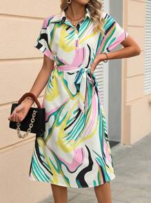 SHEIN Privé Allover Print Batwing Sleeve Belted Dress - White - View 5
