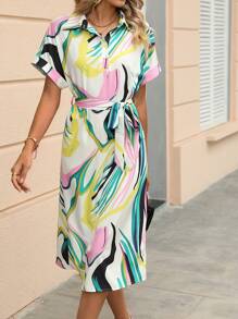 SHEIN Privé Allover Print Batwing Sleeve Belted Dress - White - View 3