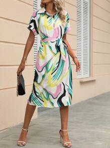 SHEIN Privé Allover Print Batwing Sleeve Belted Dress - White - View 4