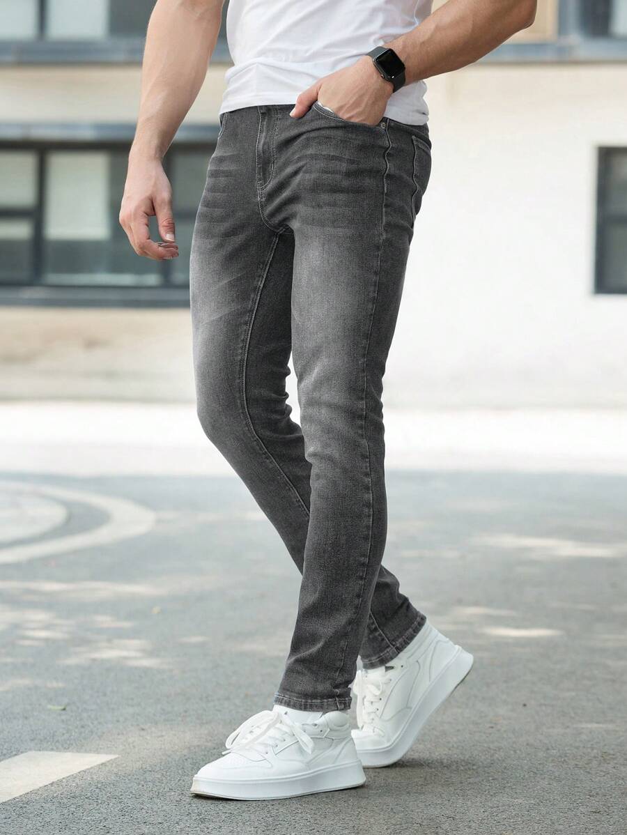 Men Slant Pocket Skinny Jeans - Grey - View 1
