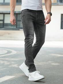 Men Slant Pocket Skinny Jeans - Grey - View 4