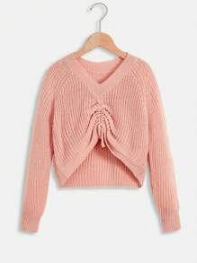 SHEIN Tween Girl Drawstring Front Raglan Sleeve High Low Hem Jumper - Dusty Pink - View 1