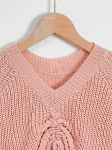 SHEIN Tween Girl Drawstring Front Raglan Sleeve High Low Hem Jumper - Dusty Pink - View 3
