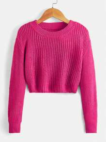 SHEIN Tween Girl Solid Drop Shoulder Jumper - Hot Pink - View 1