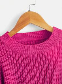SHEIN Tween Girl Solid Drop Shoulder Jumper - Hot Pink - View 3
