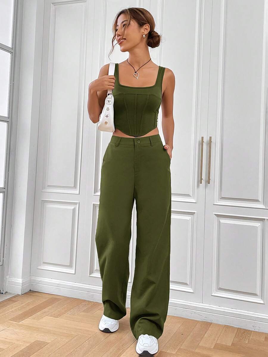 Muchica Solid Crop Tank Top & Pants - Army Green - View 1