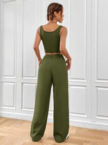 Muchica Solid Crop Tank Top & Pants - Army Green - View 2