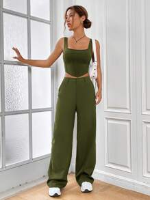Muchica Solid Crop Tank Top & Pants - Army Green - View 3
