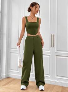Muchica Solid Crop Tank Top & Pants - Army Green - View 7