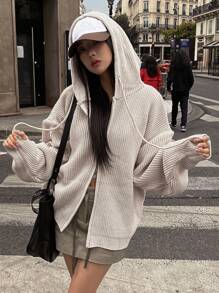 DAZY Solid Drop Shoulder Drawstring Hooded Zip Up Cardigan,Long Sleeve Tops,Fall Clothes Jacket - Apricot - View 1