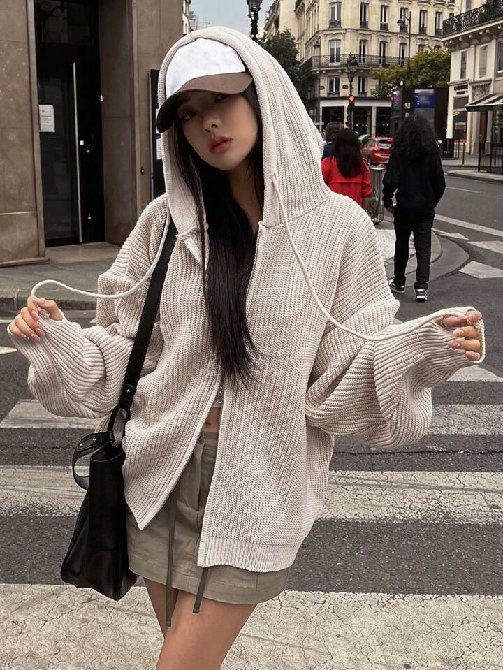 DAZY Solid Drop Shoulder Drawstring Hooded Zip Up Cardigan,Long Sleeve Tops