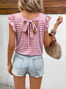 SHEIN Frenchy Striped Tie Back Ruffle Trim Butterfly Sleeve Tee Summer Pink - Pink - View 1