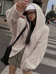 DAZY Solid Drop Shoulder Drawstring Hooded Zip Up Cardigan,Long Sleeve Tops,Fall Clothes Jacket - Apricot - View 4