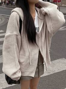 DAZY Solid Drop Shoulder Drawstring Hooded Zip Up Cardigan,Long Sleeve Tops,Fall Clothes Jacket - Apricot - View 7