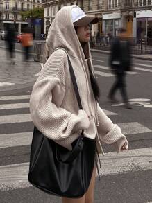 DAZY Solid Drop Shoulder Drawstring Hooded Zip Up Cardigan,Long Sleeve Tops,Fall Clothes Jacket - Apricot - View 8