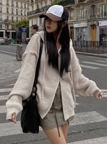 DAZY Solid Drop Shoulder Drawstring Hooded Zip Up Cardigan,Long Sleeve Tops,Fall Clothes Jacket - Apricot - View 9