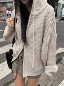 DAZY Solid Drop Shoulder Drawstring Hooded Zip Up Cardigan,Long Sleeve Tops,Fall Clothes Jacket - Apricot - View 10