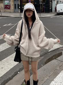 DAZY Solid Drop Shoulder Drawstring Hooded Zip Up Cardigan,Long Sleeve Tops,Fall Clothes Jacket - Apricot - View 11