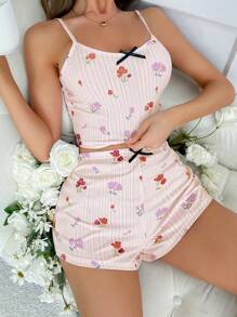 GIOIA TANG Floral Print Bow Front PJ Set - Baby Pink - View 1