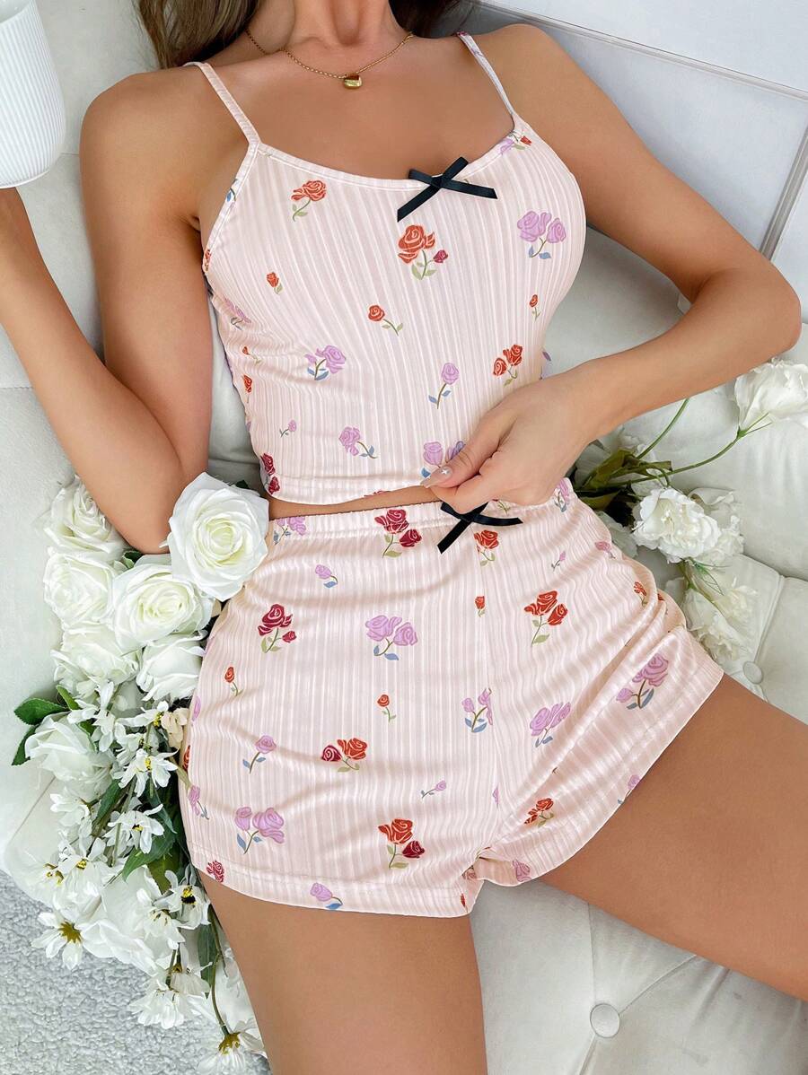 GIOIA TANG Floral Print Bow Front PJ Set - Baby Pink - View 1